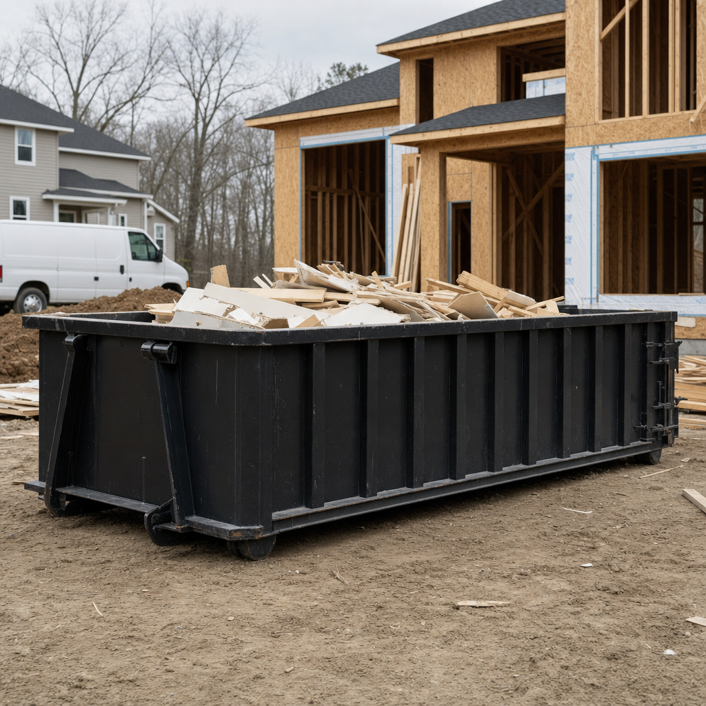 Worker in a yellow high-visibility vest tossing framing lumber and broken drywall into a matte-black 30-yard construction roll-off dumpster on an active build site in Austin, bright daylight
