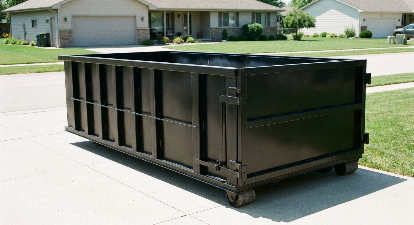 Matte-black 10-yard roll-off dumpster on a residential concrete driveway in Austin, uniformly painted matte black across every panel and rail, ribbed steel sidewalls and rear swing door visible, mid-day daylight.