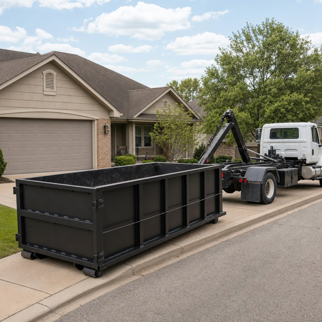 Wide documentary shot of a matte-black roll-off dumpster on a Austin residential driveway in the foreground and a contractor jobsite container in the soft-focus background, bright daylight, calm and orderly composition.