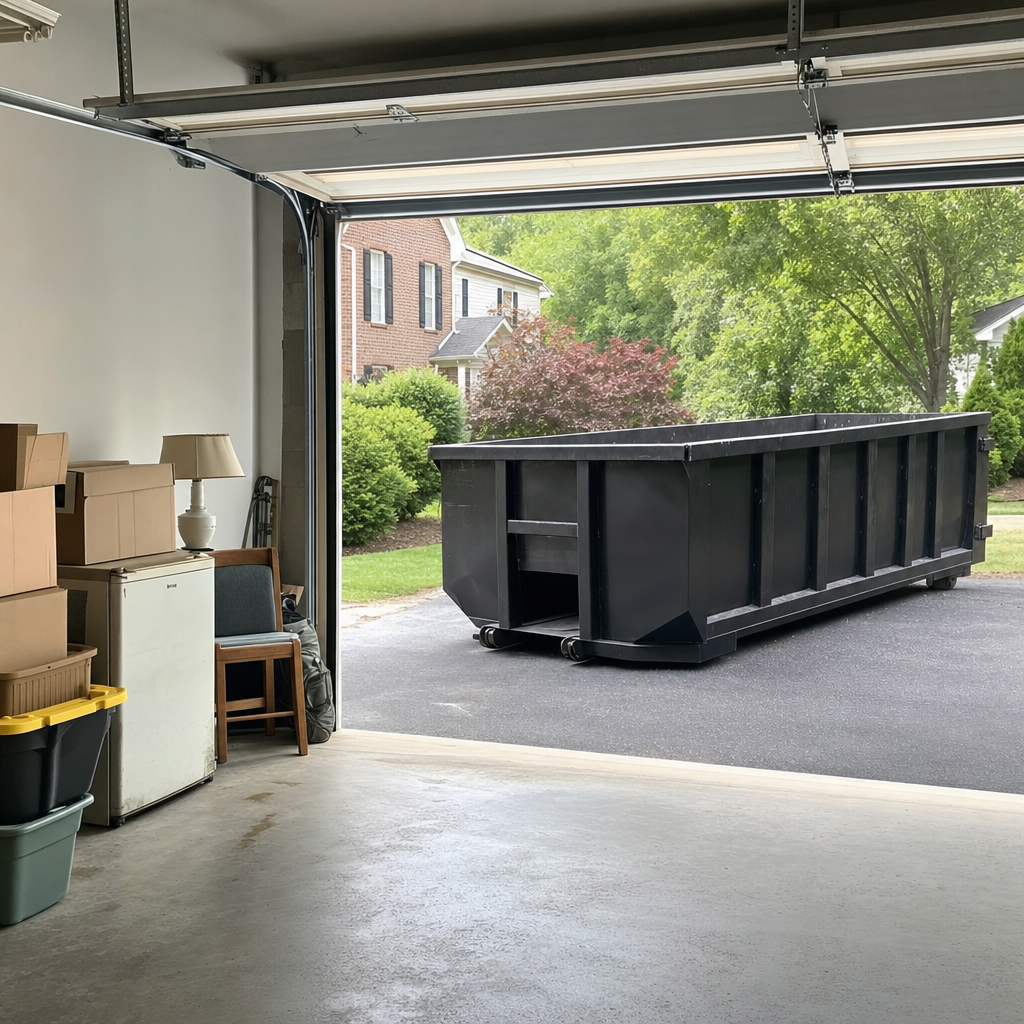 Open garage interior in a Austin home mid-cleanout — boxed items, an old appliance, and stacked yard tools queued near the driveway for a matte-black roll-off dumpster, organized and calm