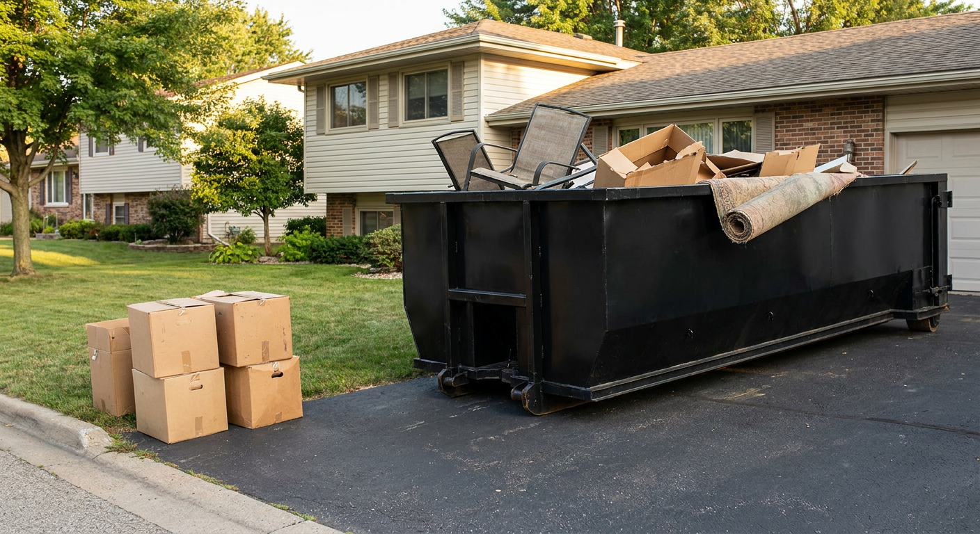 Front-yard view of a Austin split-level home with a 20-yard matte-black roll-off dumpster sitting directly on the asphalt driveway, a few clearly labeled donation boxes staged at the curb, calm sunny afternoon.