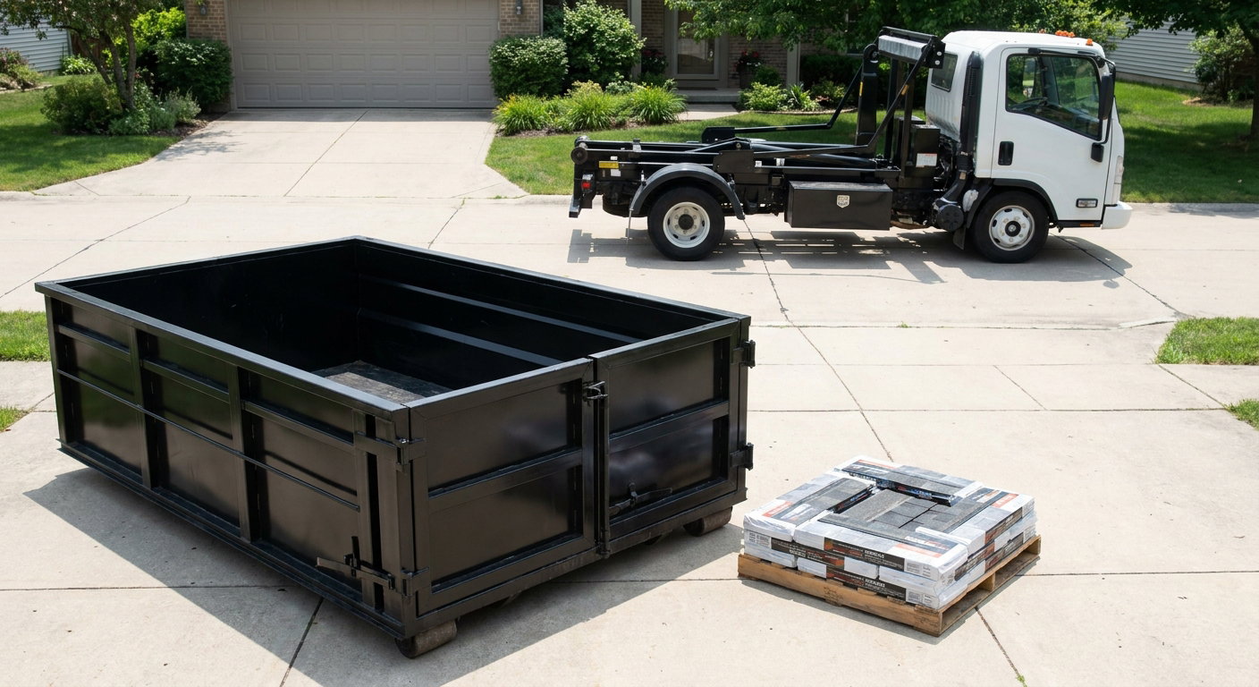 Matte-black 15-yard roofing roll-off dumpster with reinforced low side walls sitting directly on a Austin residential concrete driveway, three-tab asphalt shingle bundles stacked nearby, an unmarked white hauler truck partially visible at the edge of the frame.