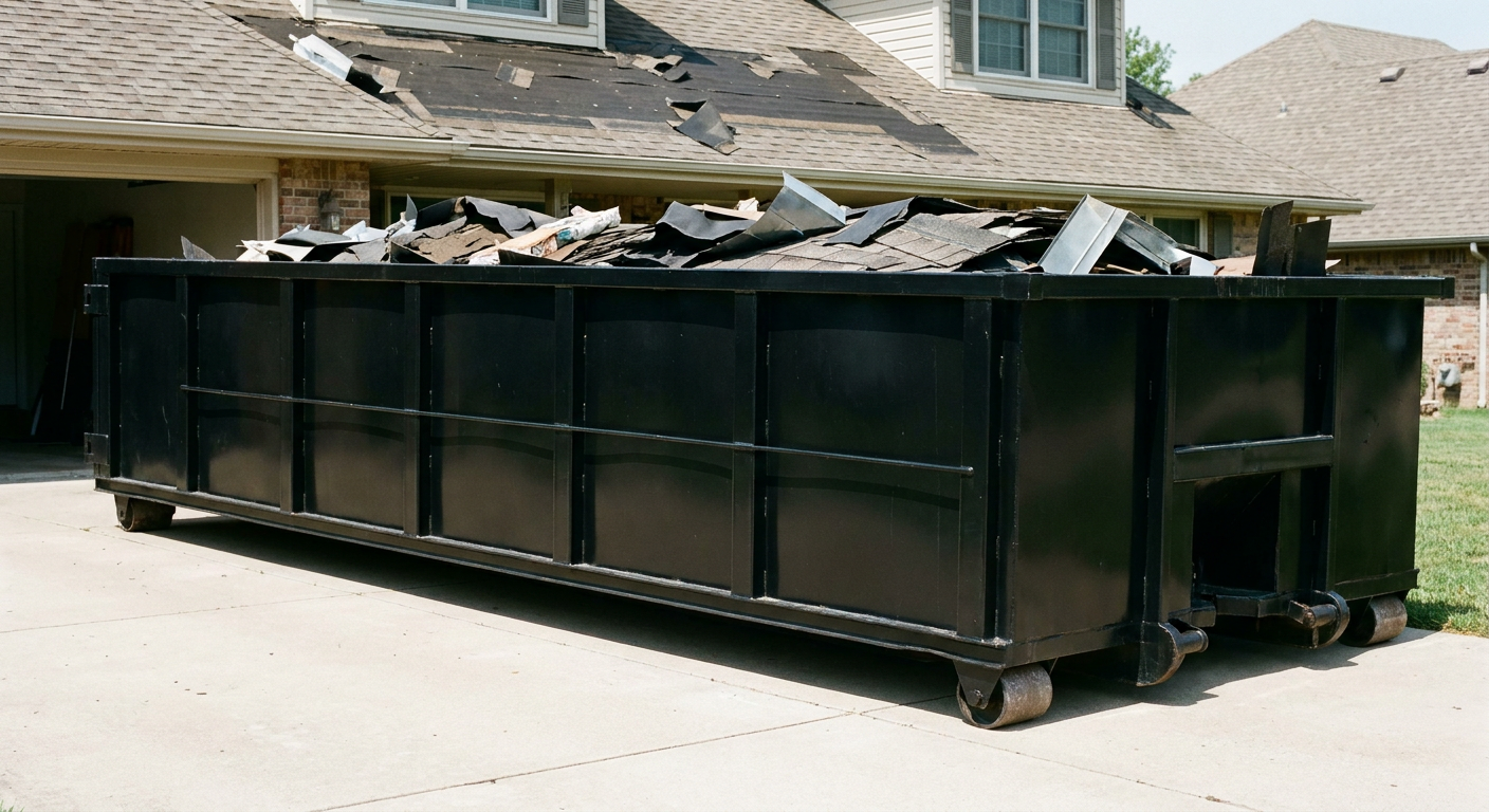 Matte-black 20-yard roofing roll-off dumpster with steel ribbed sides and swinging rear door, sitting directly on the concrete driveway of a two-story Austin home, asphalt shingle debris being loaded over the low wall, clean documentary lighting.