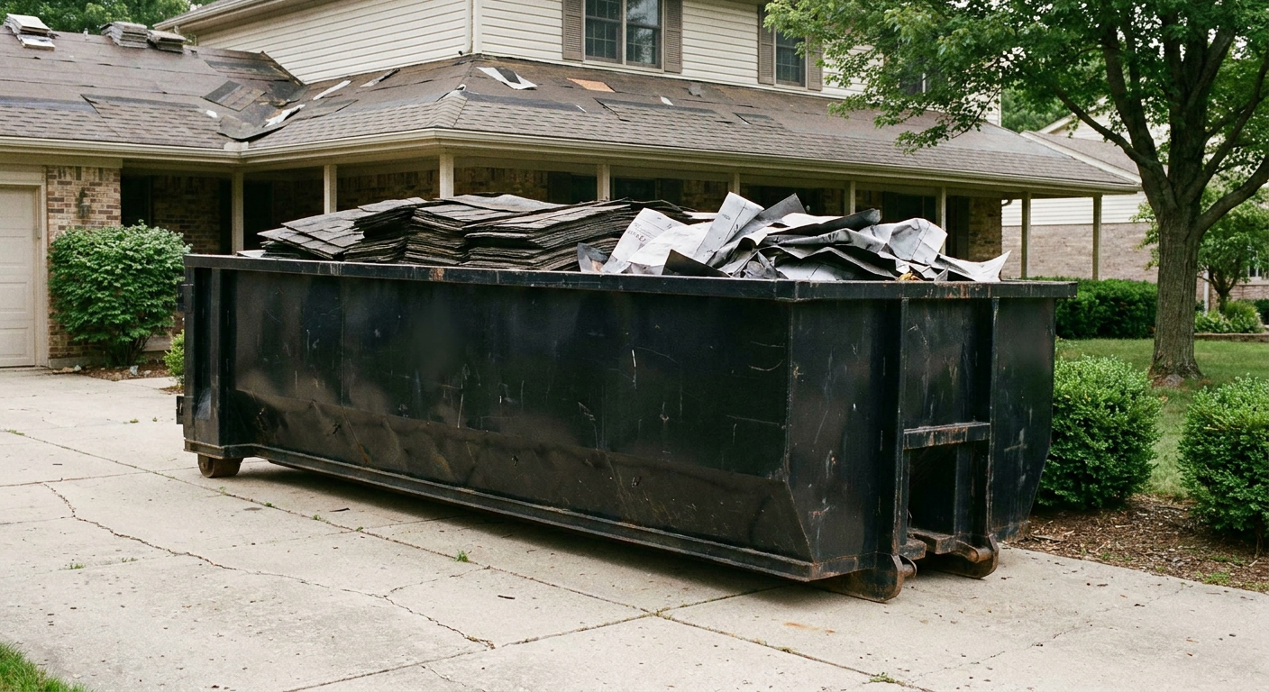 Matte-black 30-yard roofing roll-off dumpster sitting directly on a Austin concrete driveway, taller ribbed steel side panels, mixed tear-off debris of asphalt shingles and underlayment inside, professional documentary daylight.