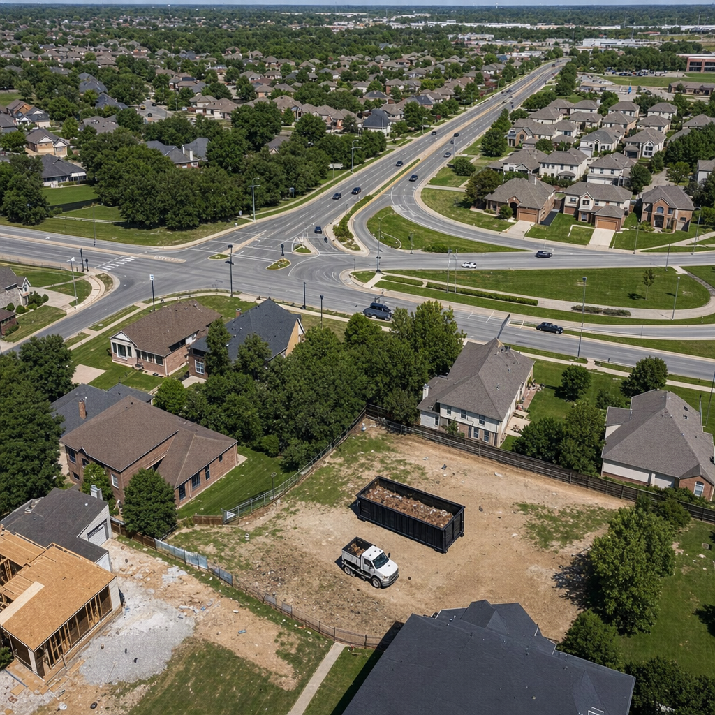 An overhead documentary view of the Austin metro area at midday, showing the spread of neighborhoods, arterial roads, and the dispatch radius from a central yard — clean daylight, organized geographic layout.
