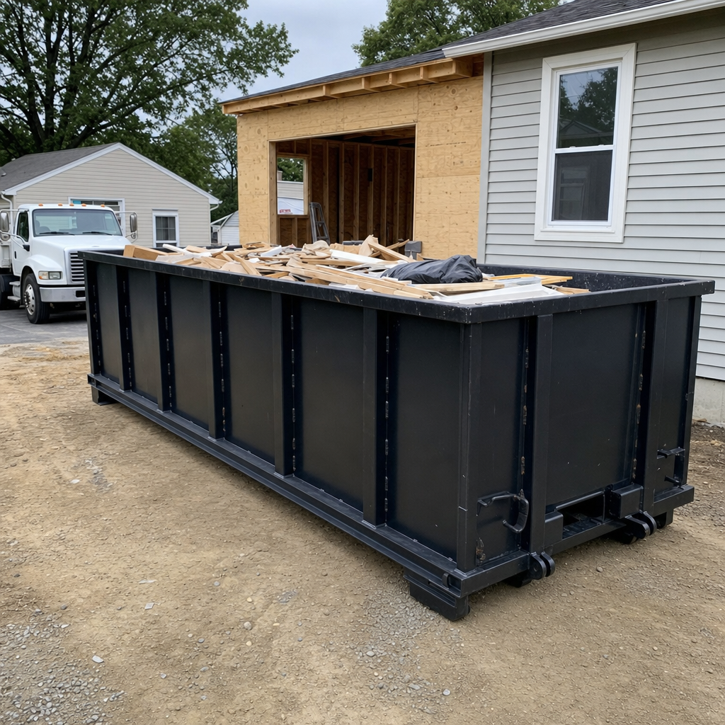 A matte-black 30-yard roll-off dumpster positioned at a Austin residential addition jobsite, with framing lumber and drywall scraps loaded through the open swinging rear doors.