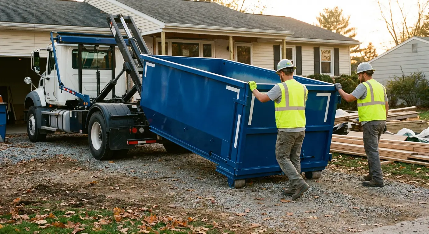 Construction dumpster delivery truck in action in Austin, TX