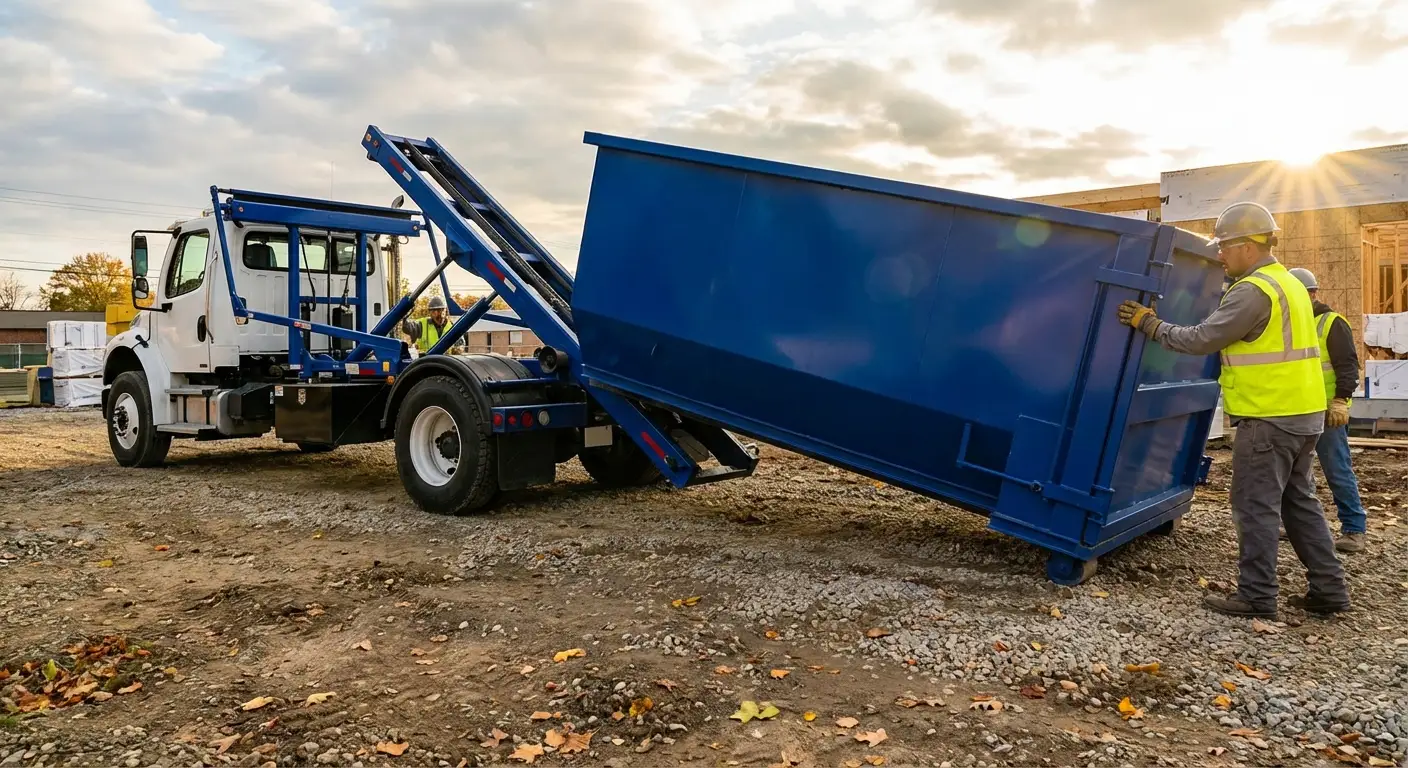 Construction dumpster delivery truck at job site in Austin, TX