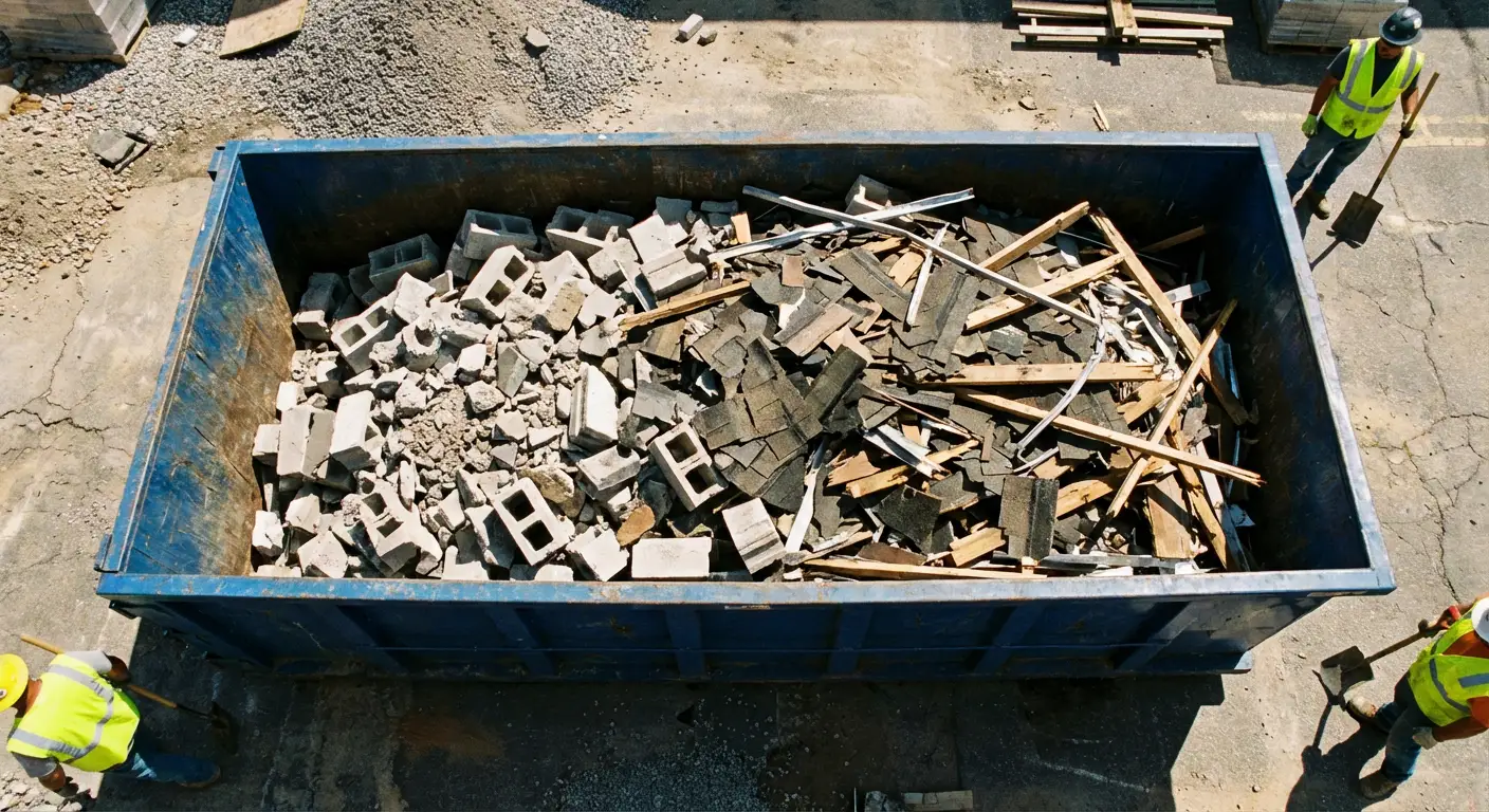 Roll-off dumpster loaded with construction debris in Austin, TX