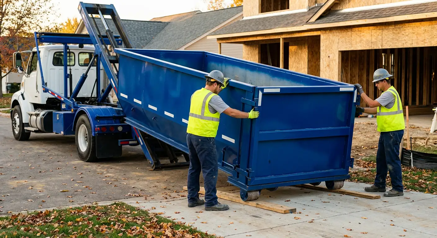 Roll-off dumpster delivery truck in residential area in Austin, TX