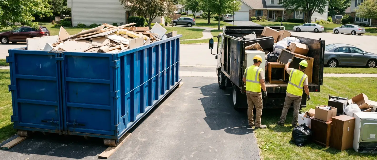 Dumpster rental versus junk removal service comparison showing capacity differences in Austin, TX